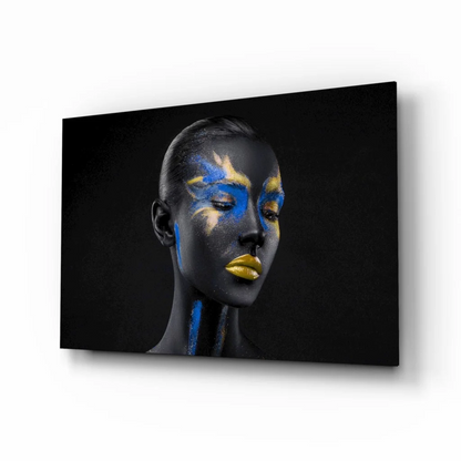 Bold black and blue abstract face paint wall art canvas print