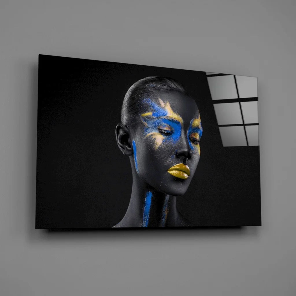 Bold abstract face paint black canvas wall art in blue and yellow