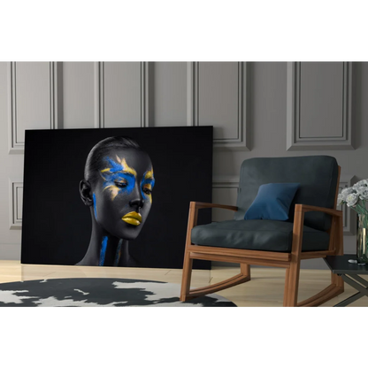 Bold black and blue abstract face canvas wall art with gold accents