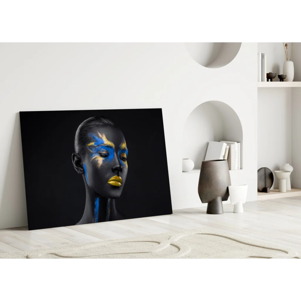 Bold black and gold abstract face wall art print on canvas