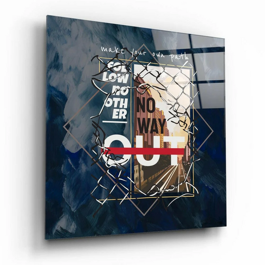 Bold square glass wall art with white red text on navy blue abstract geometric background