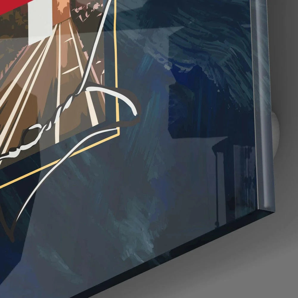 Bold abstract glass wall art in navy blue, white, and gold