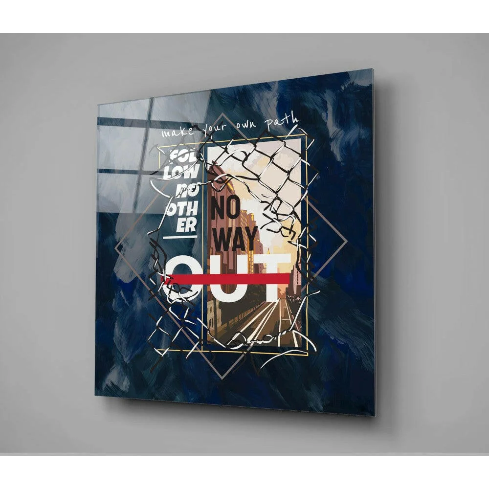 Dark blue glass wall art with bold white red text and chain-link fence overlay