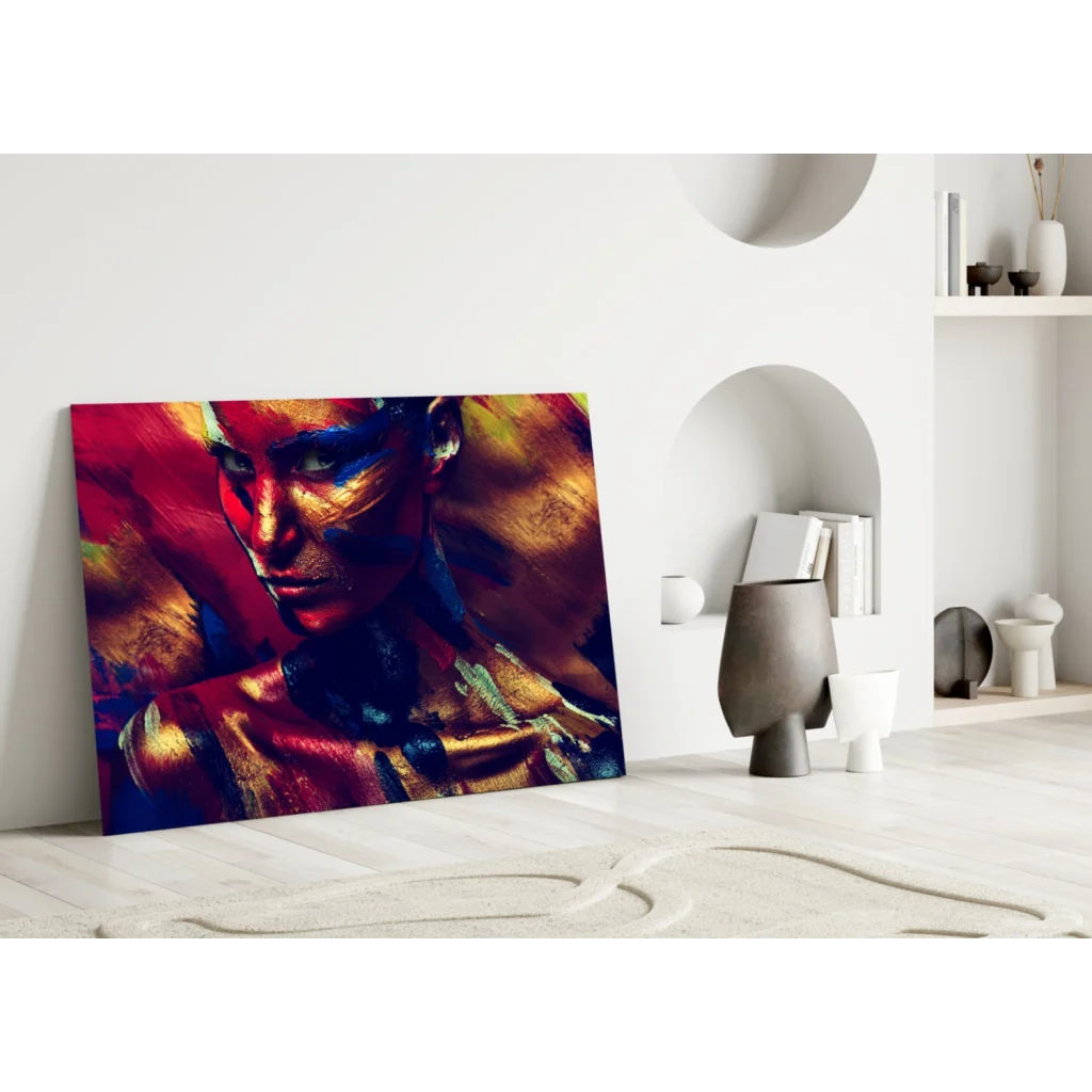 Vibrant bold abstract portrait canvas wall art with red gold blue strokes