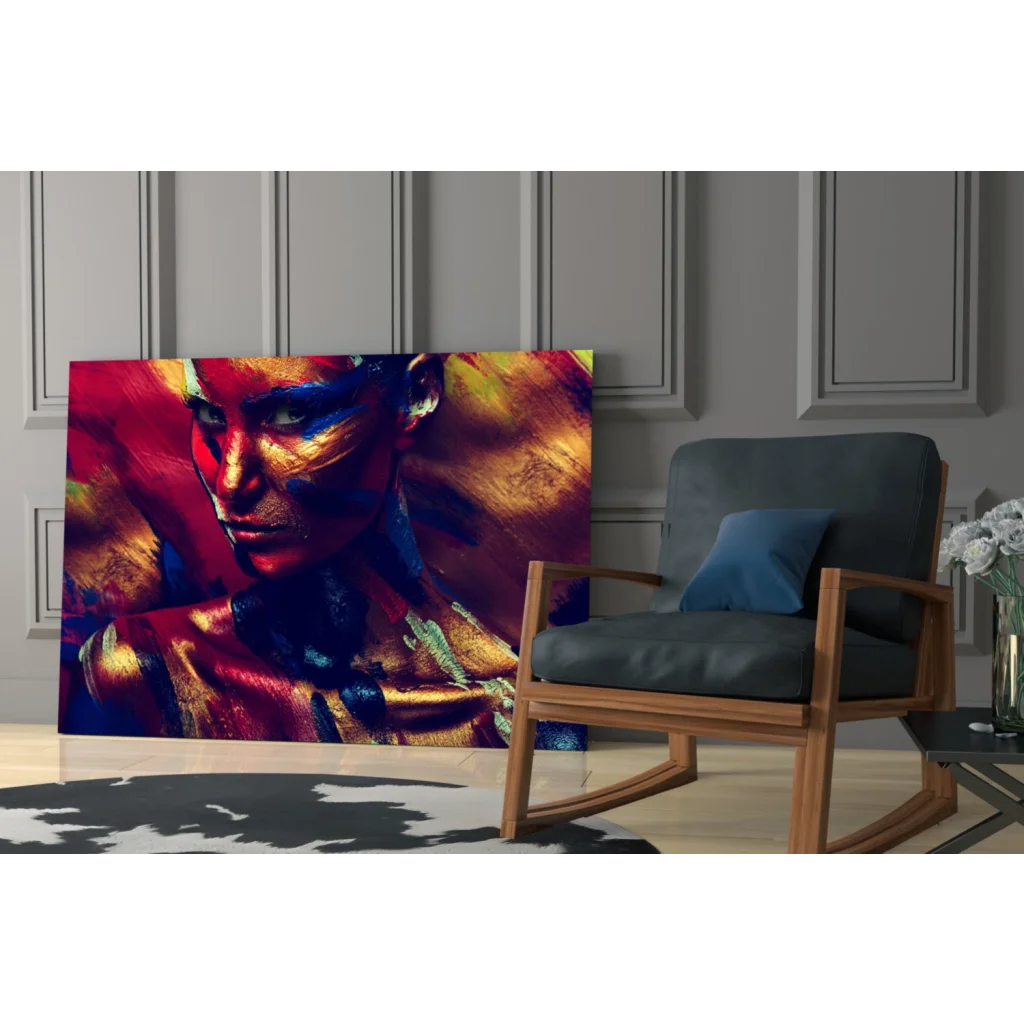 Vibrant bold abstract portrait canvas wall art in red gold blue strokes