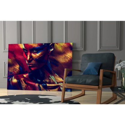 Vibrant bold abstract portrait canvas wall art in red gold blue strokes