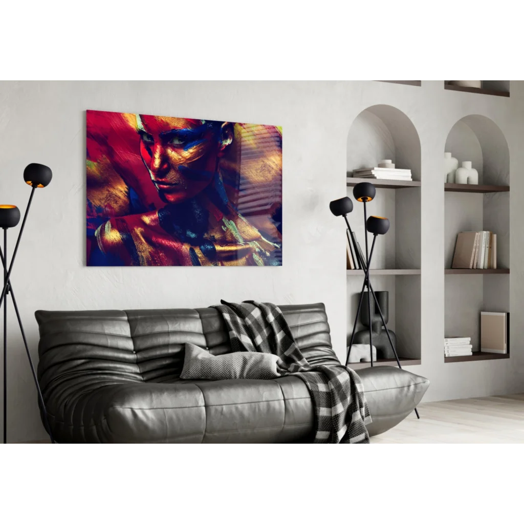 Vibrant bold abstract portrait canvas wall art in reds, golds, blues