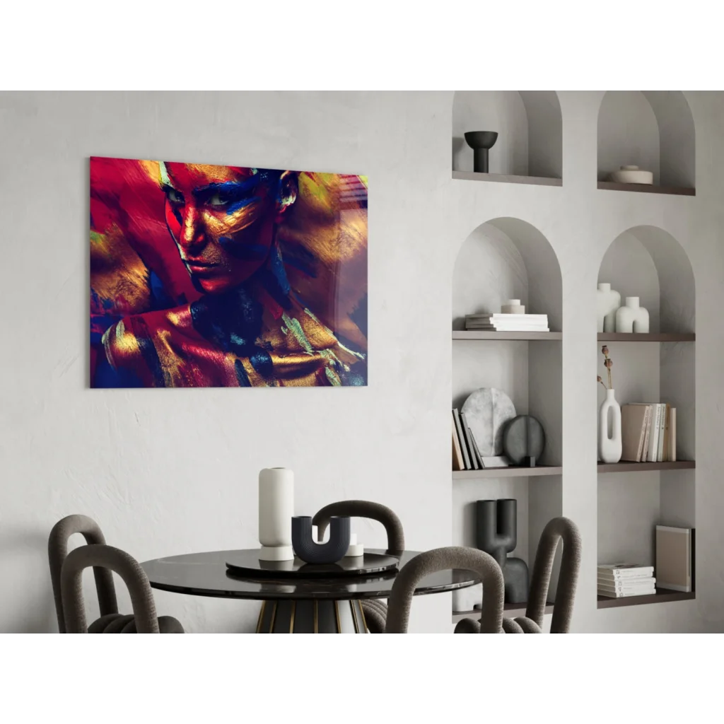 Vibrant bold abstract portrait canvas wall art in red gold blue strokes on white wall