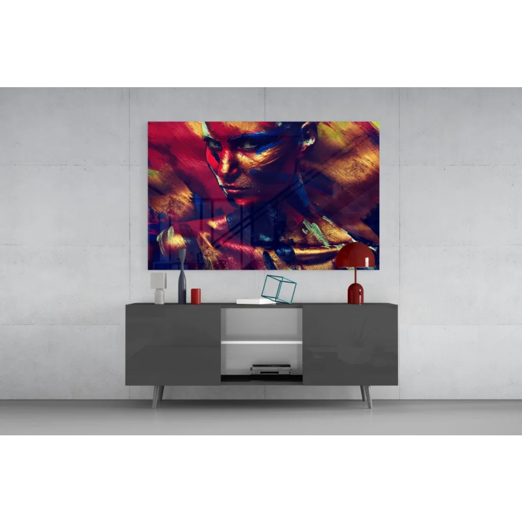 Vibrant abstract portrait canvas wall art with bold red, blue, gold strokes