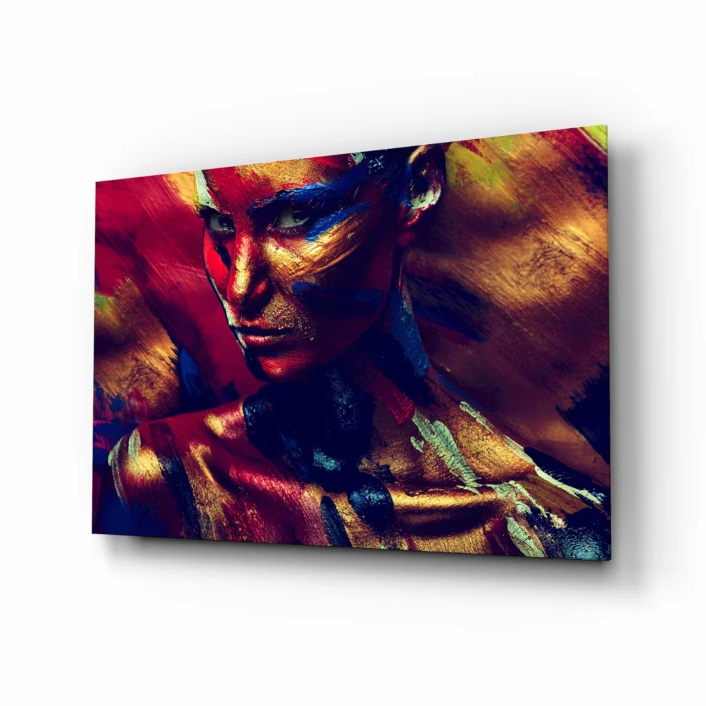Vibrant abstract portrait canvas wall art of woman with bold red, blue, gold strokes