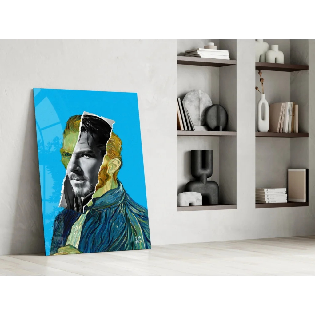 Blue and gold pop art man with headphones canvas wall art print