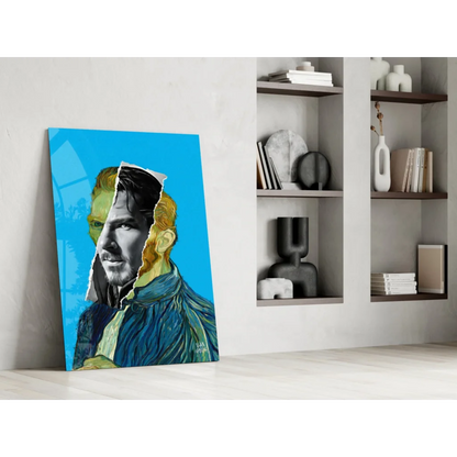 Blue and gold pop art man with headphones canvas wall art print