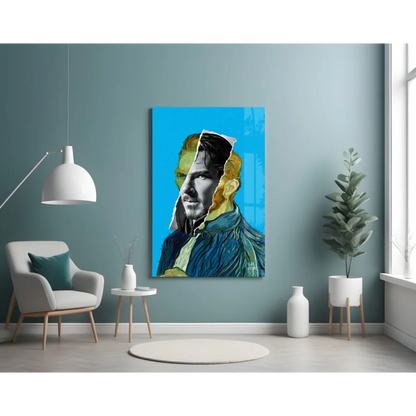 Vibrant blue and yellow pop art man portrait on canvas wall art