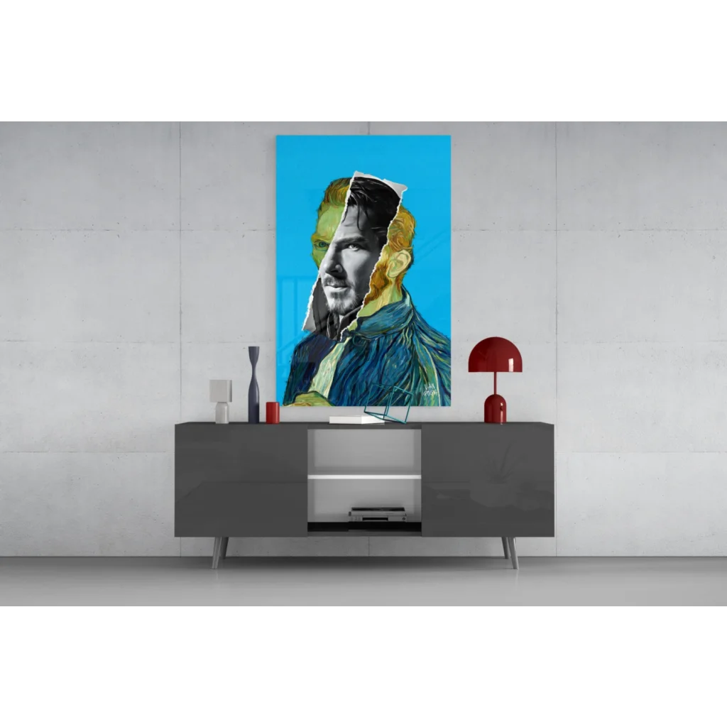 Modern gray sideboard under bold blue tones wall art