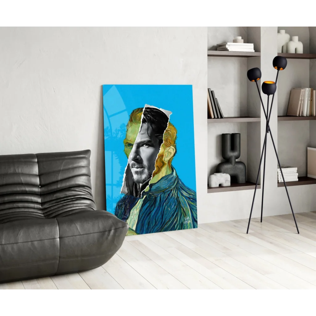 Vibrant blue abstract portrait canvas wall art with green textured brushstrokes