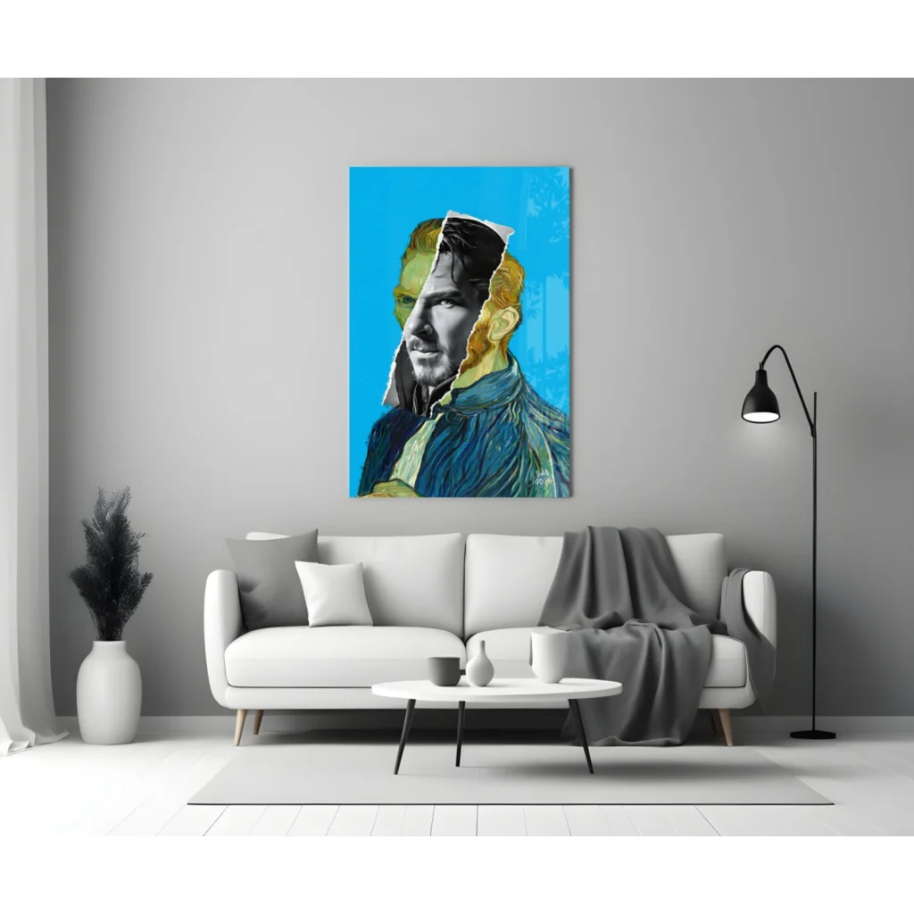 Vibrant blue and yellow abstract man portrait canvas wall art