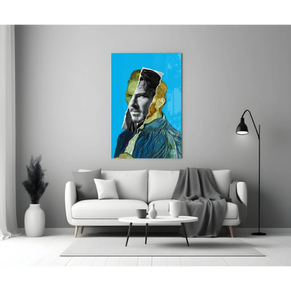 Vibrant blue and yellow abstract man portrait canvas wall art