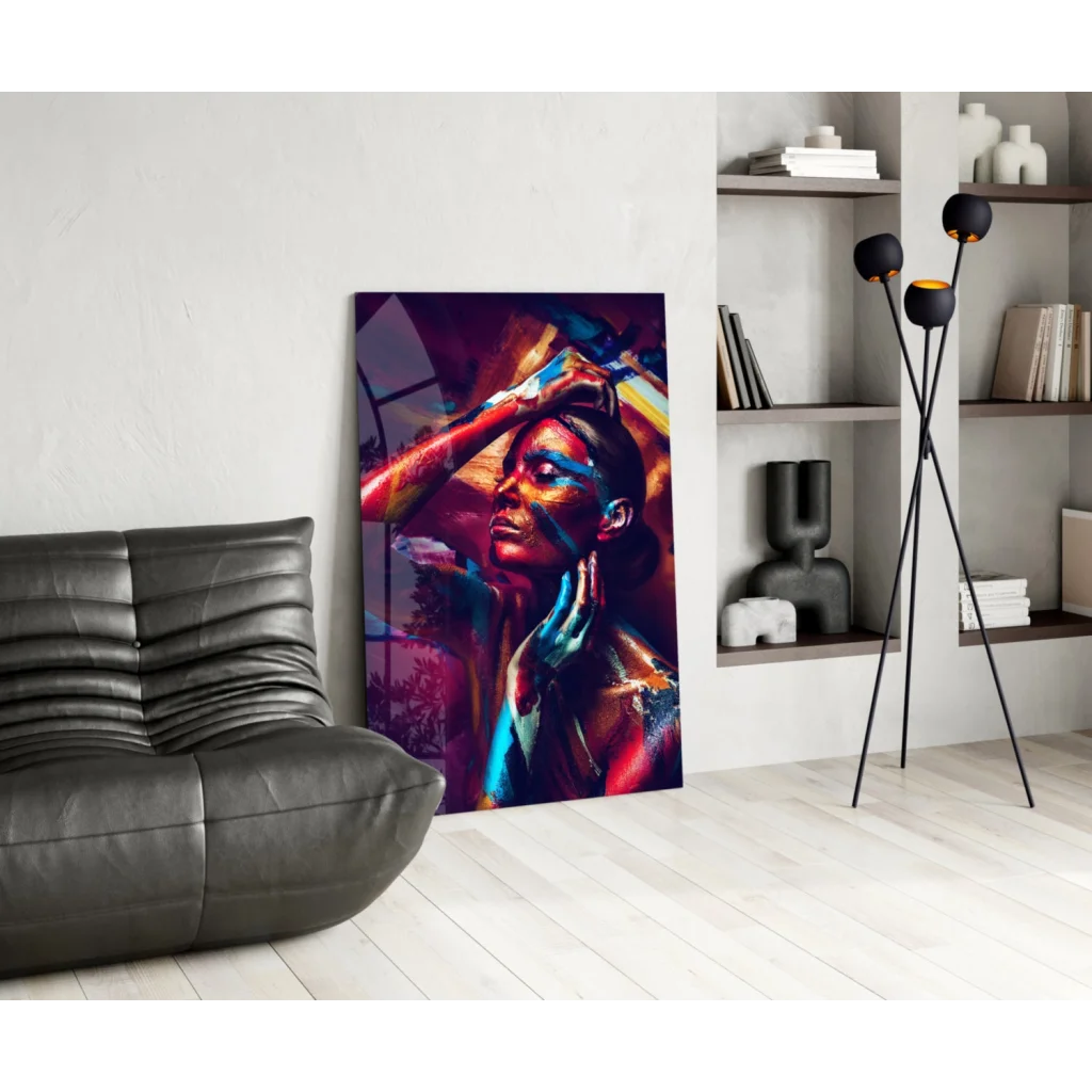 Vibrant bold abstract portrait glass wall art in purple blue orange