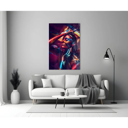 Vibrant bold abstract portrait glass wall art in red, blue, purple hues