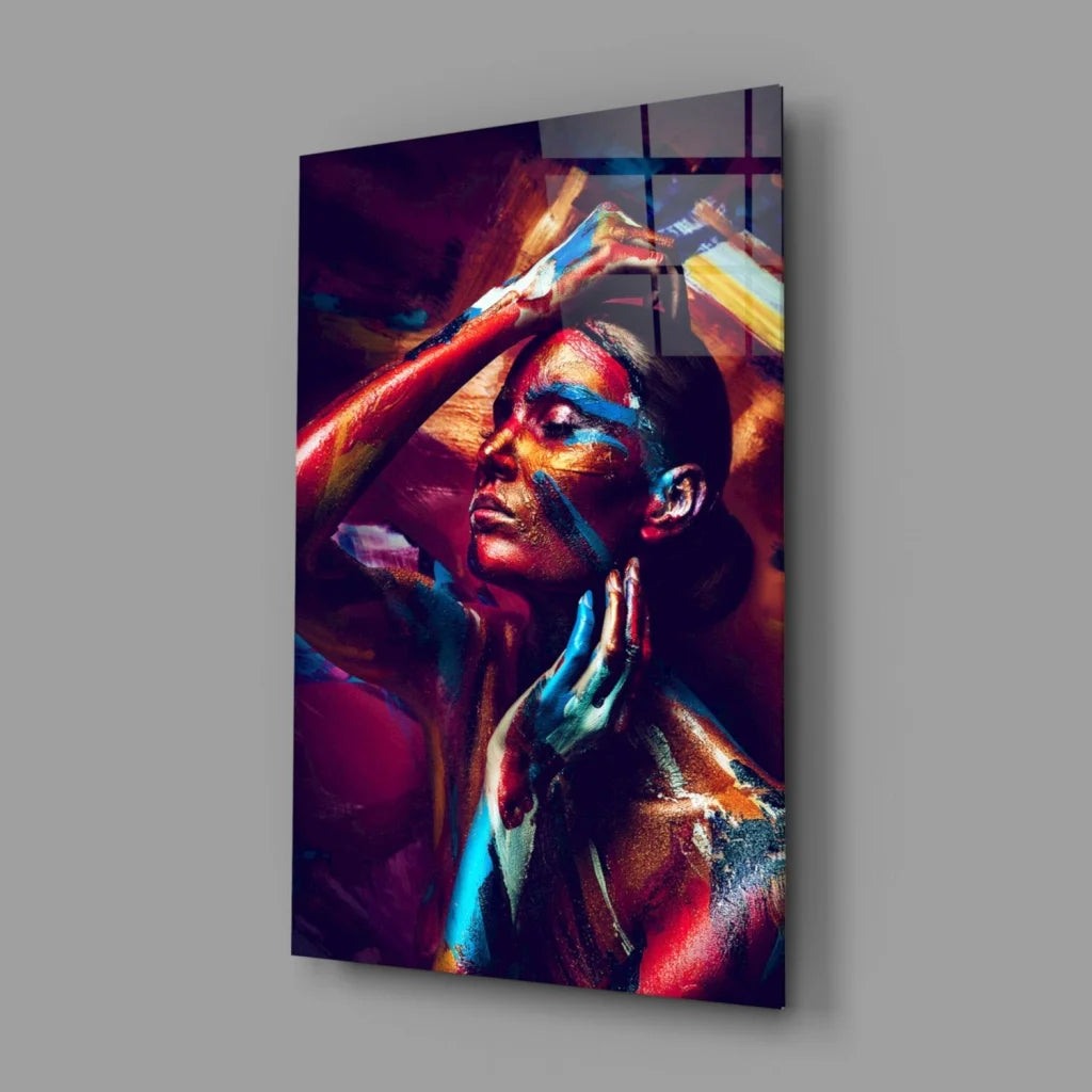 Vibrant abstract woman portrait on bold red blue gold glass wall art