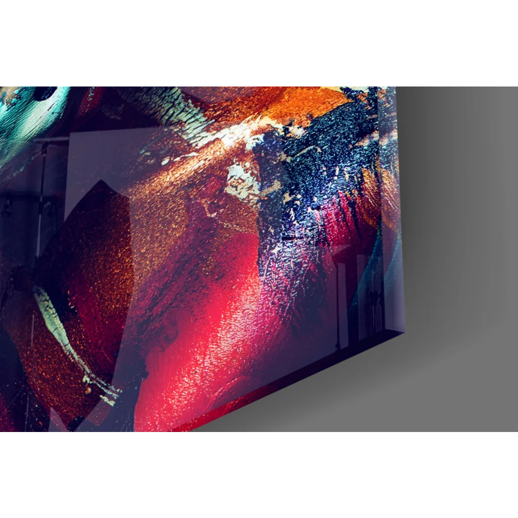 Vibrant bold abstract portrait glass wall art in red, blue, gold