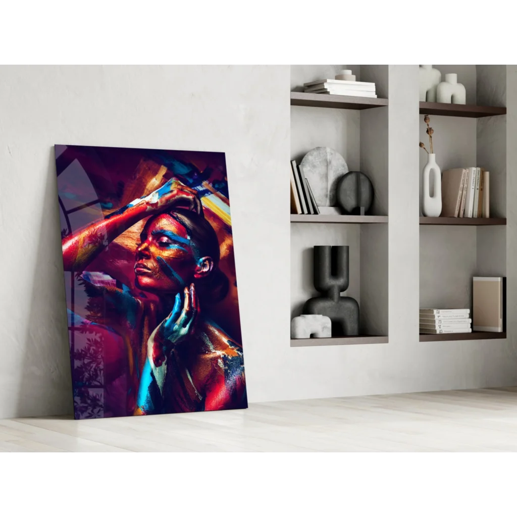 Vibrant bold abstract portrait glass wall art in red blue gold hues