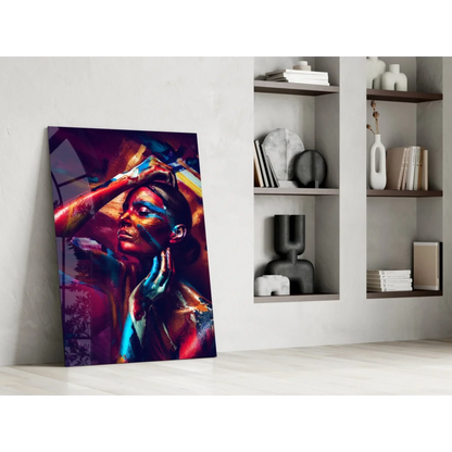 Vibrant bold abstract portrait glass wall art in red blue gold hues