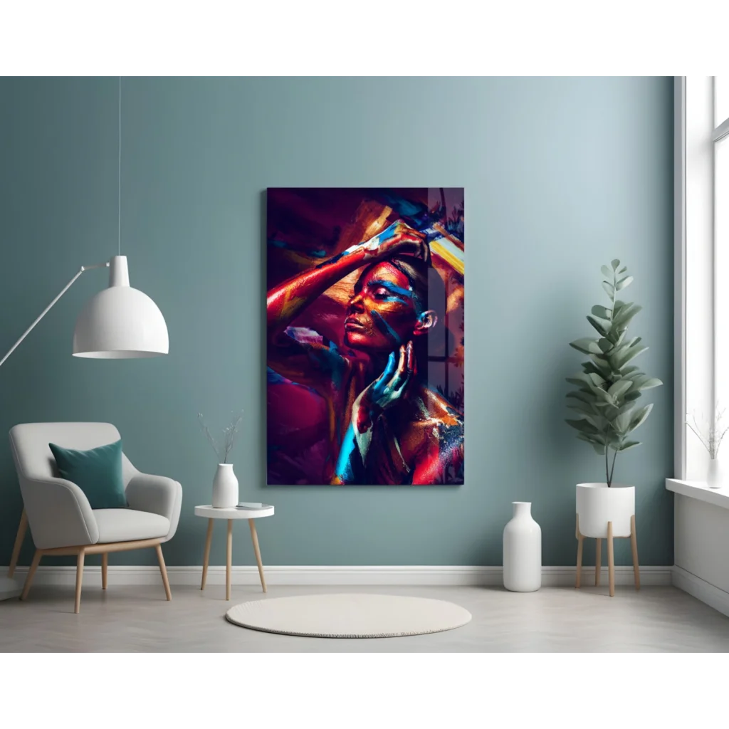 Vibrant bold abstract portrait glass wall art in red blue gold hues