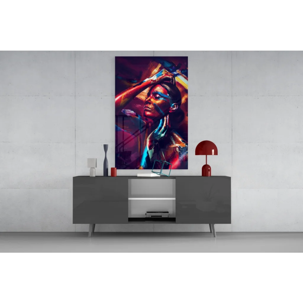 Vibrant bold abstract portrait glass wall art in red, purple, blue hues