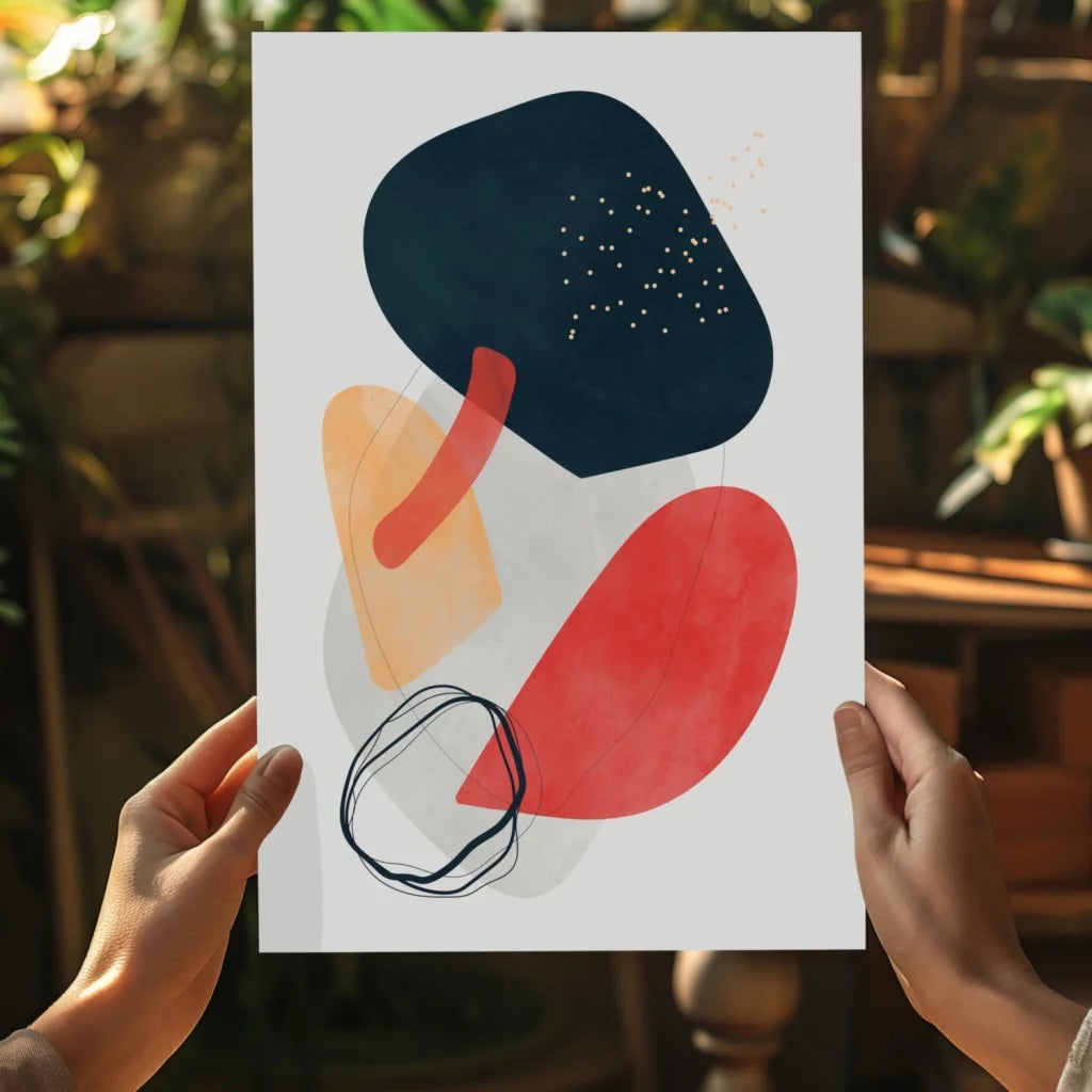 Bold abstract shapes aluminum art print in navy, orange, and red