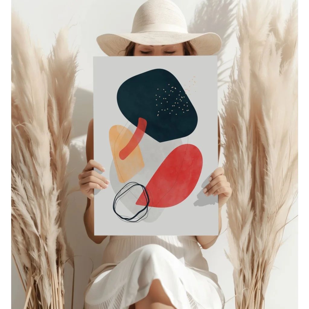 Bold abstract shapes aluminum print in navy, orange, red on white