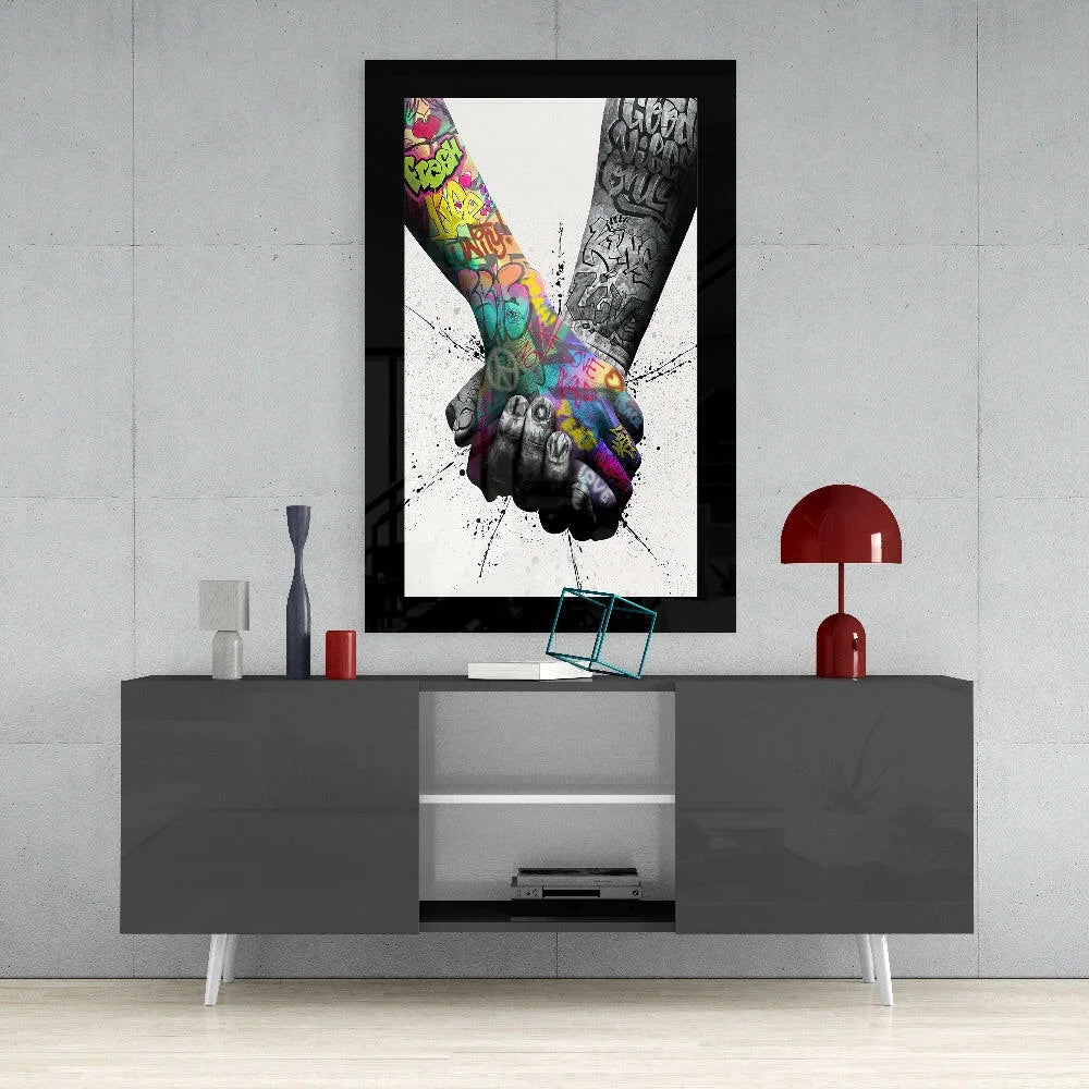 Vibrant bold abstract wall art of tattooed hands with purple figure splatters