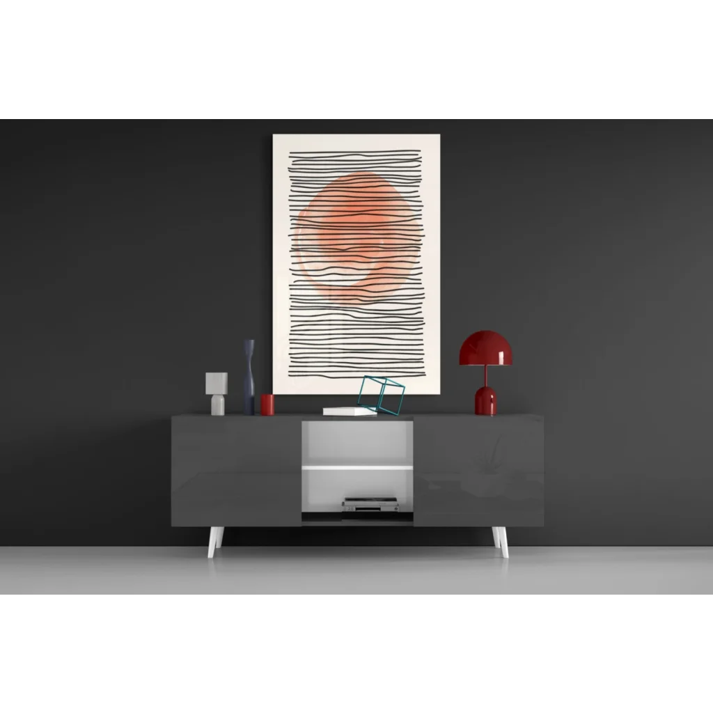 Modern gray sideboard with white legs and drawer, minimalist design