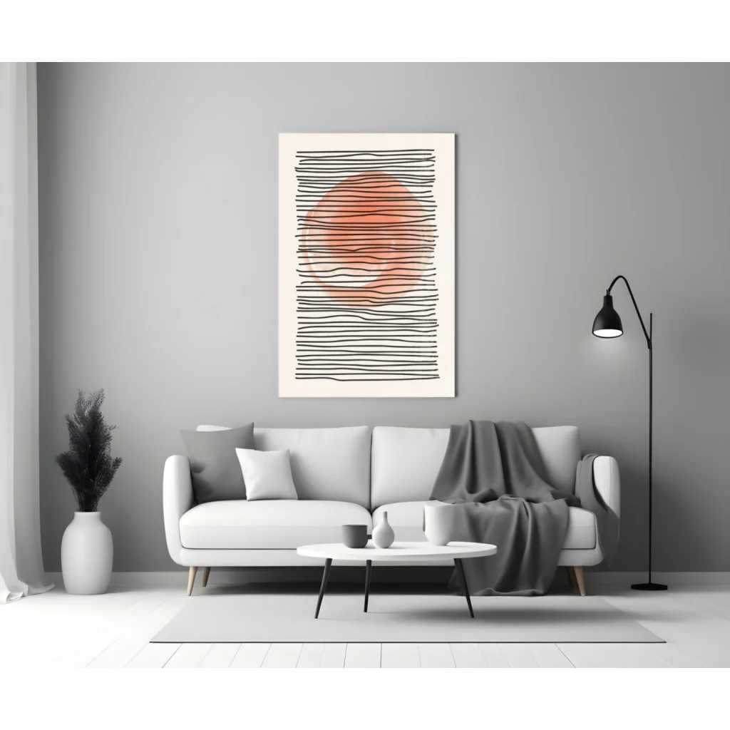 Bold abstract sun wall art print in red coral and gray on white