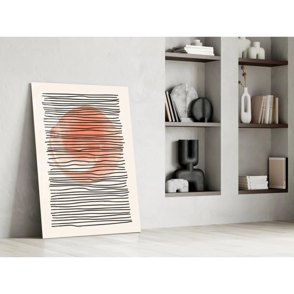 Bold abstract sun wall art print in red coral, gray, black and orange lines on white