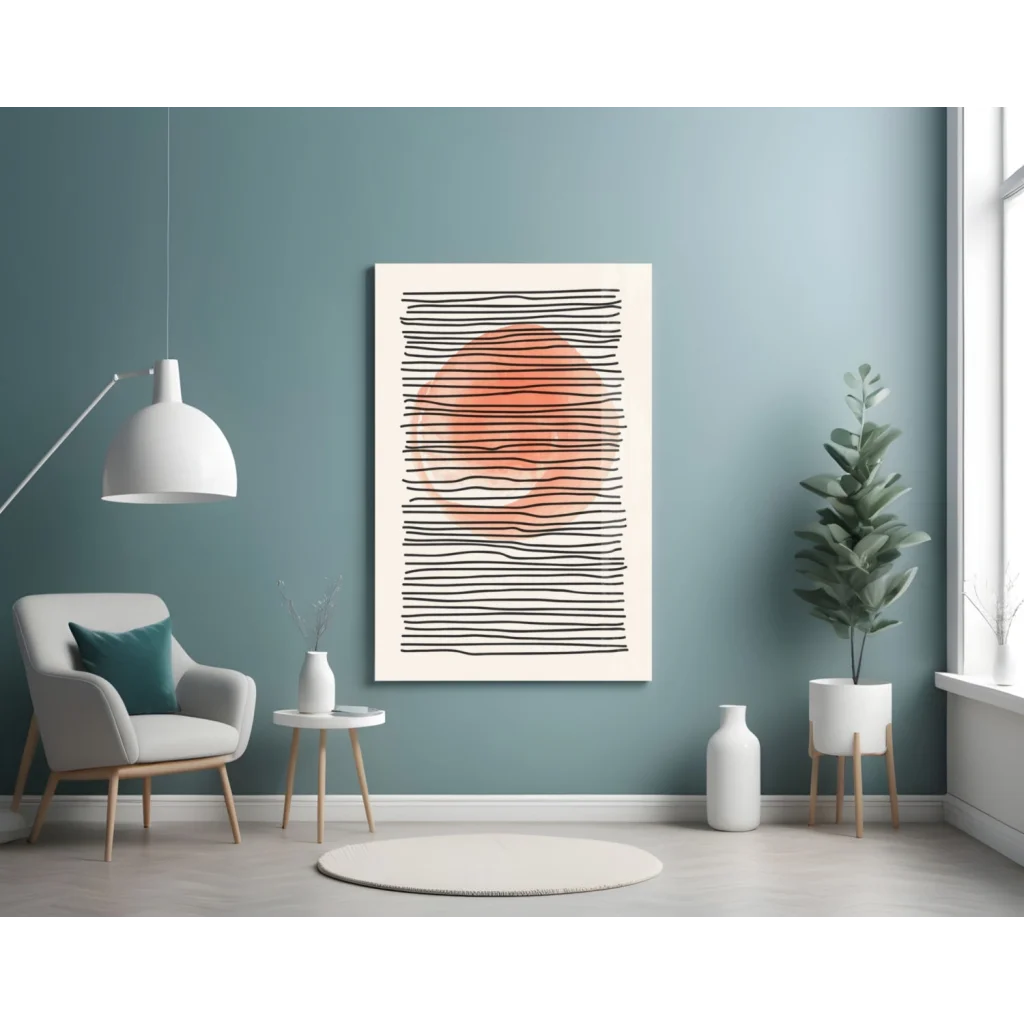 Bold abstract sun wall art print in red coral and gray tones on white background