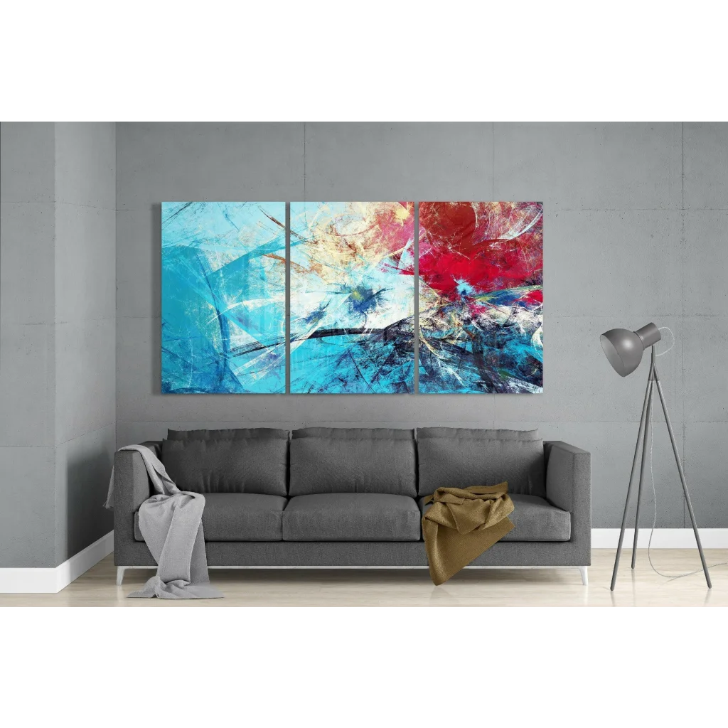 Vibrant blue red white abstract triptych wall art canvas painting