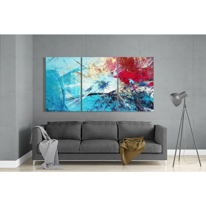 Vibrant blue red white abstract triptych wall art canvas painting