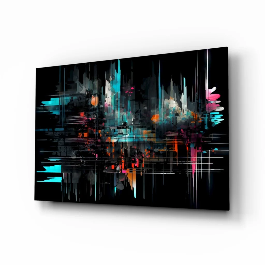 Bold abstract wall art canvas with teal pink splashes and geometric lines