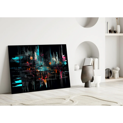 Bold black abstract wall art with vibrant teal pink orange splashes on white wall