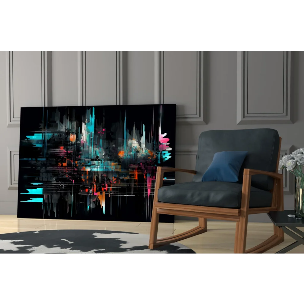 Bold black abstract glass wall art with vibrant teal and pink splashes