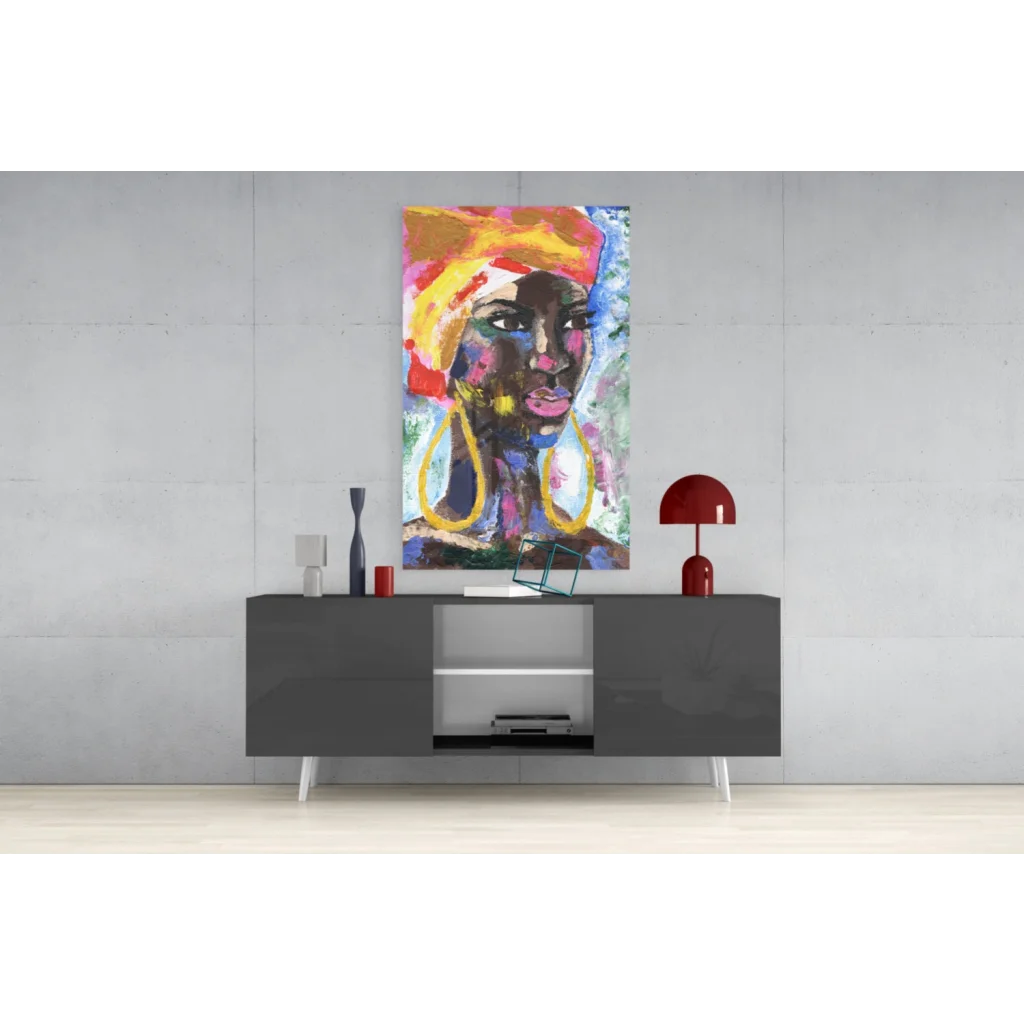 Vibrant abstract woman portrait wall art with gold hoop earrings on dark skin