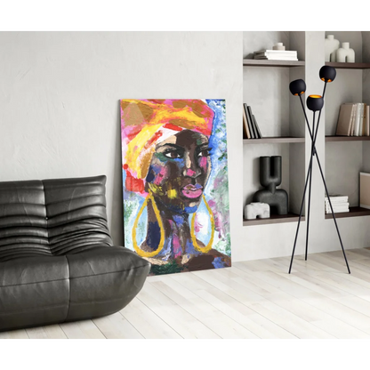 Vibrant abstract woman portrait wall art canvas with gold earrings