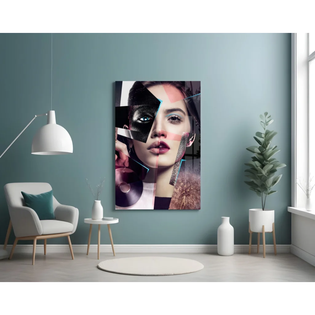 Bold abstract woman portrait canvas wall art with pink accents