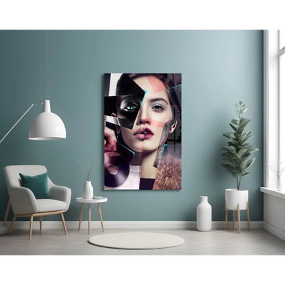 Bold abstract woman portrait canvas wall art with pink accents