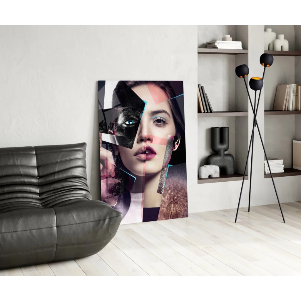 Bold abstract woman portrait canvas wall art with pink accents