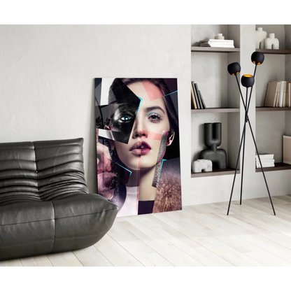 Bold abstract woman portrait canvas wall art with pink accents