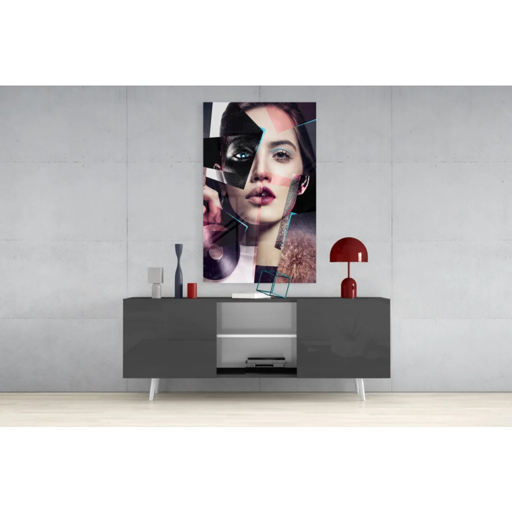 Bold abstract woman portrait canvas wall art with pink accents