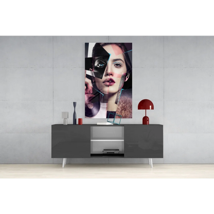 Bold abstract woman portrait canvas wall art with pink accents