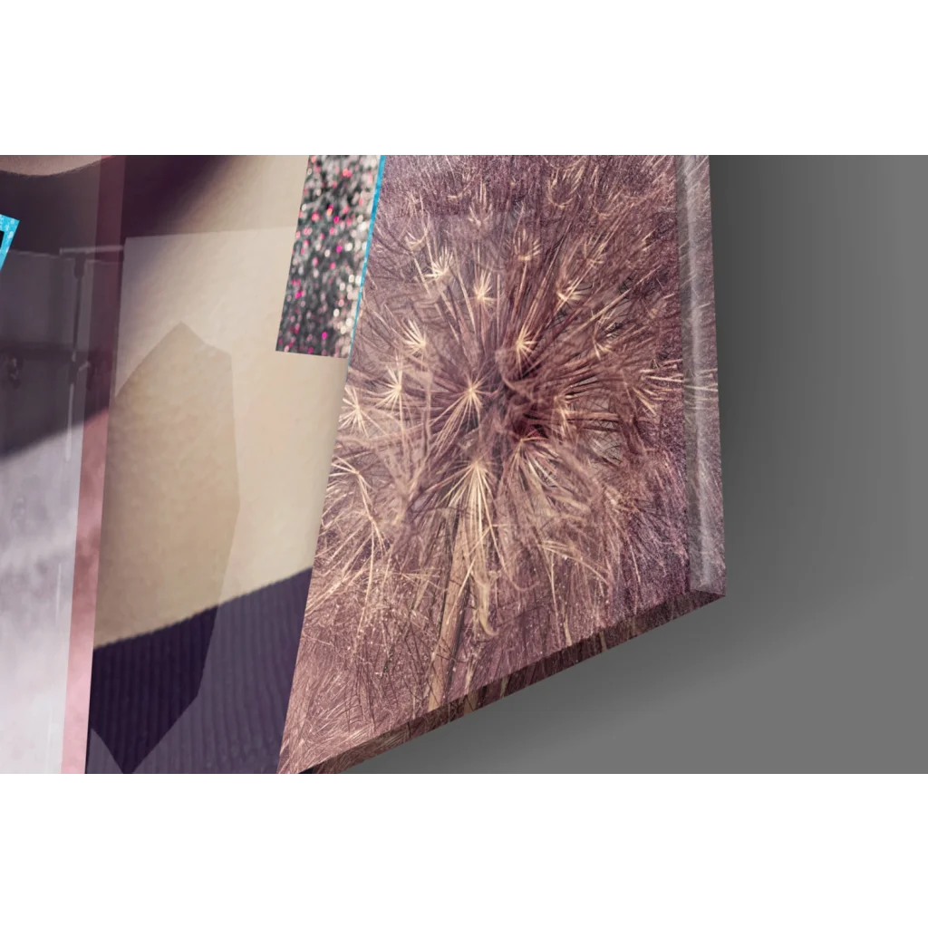 Bold rose gold dandelion glass wall art with pink accents